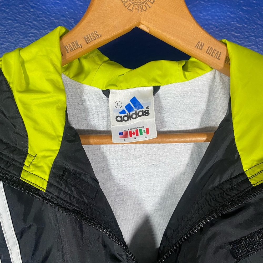 Youth Vintage 90's Adidas Black White Neon Green Windbreaker Track Jacket Sz L - Picture 3 of 5